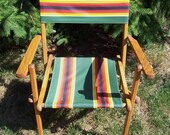 Vintage Oak Wood Folding Chair with Duck Cloth