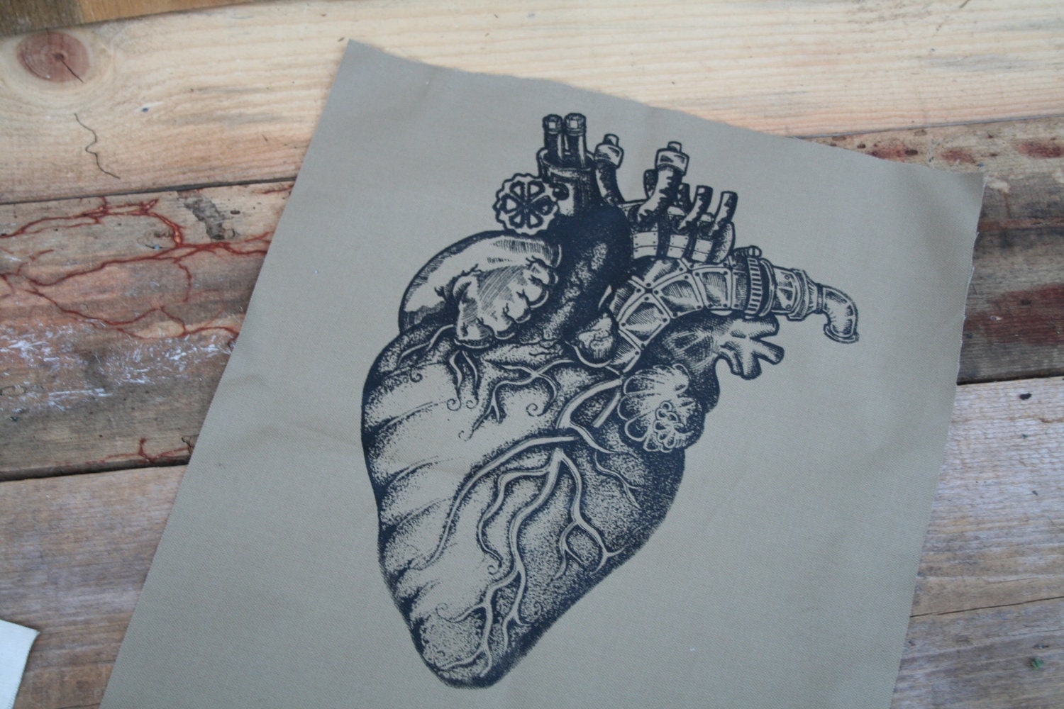 Screen Printed Back Patch Anatomical Steam Powered Heart Original Art