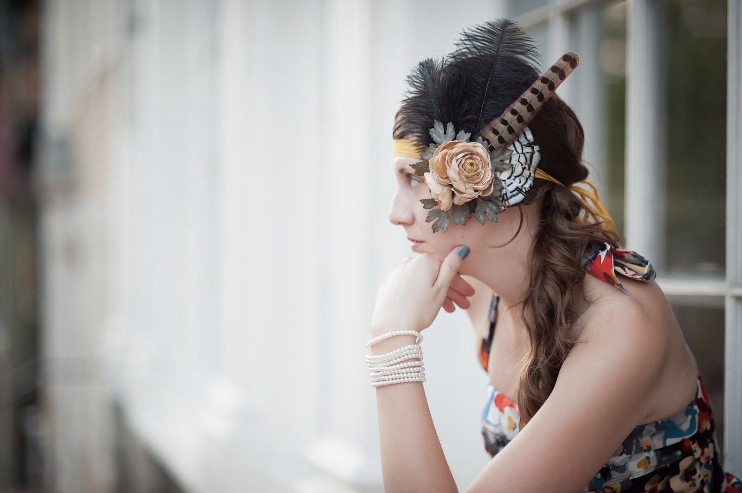 Emma Feather Fascinator Headband Prom Bridal Millinery Flower Wedding Mustard Yellow Ribbon