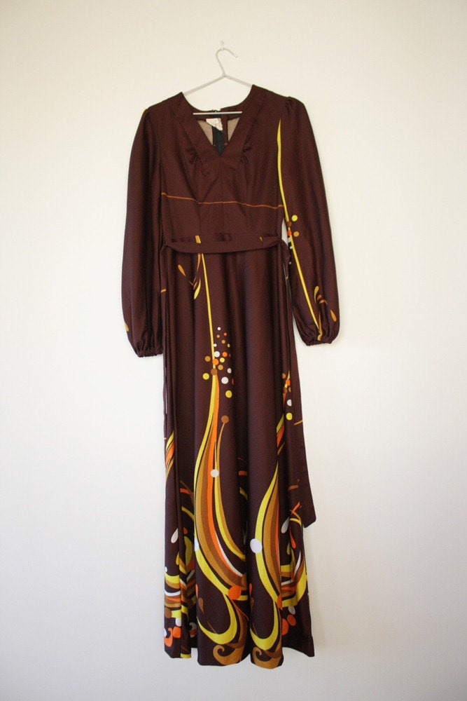 So Long Marianne Psychedelic Brown and Yellow Maxi Dress