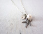 Personalized Sterling Silver Starfish Necklace, Freshwater Pearl, Sterling Silver Chain, Monogram Charm, Gift for Her, Wedding Jewelry