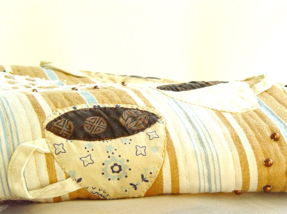 COFFEE quilt, Art Quilt, Appliqued Beaded, Vintage look, Home Decor, Wall Hanging, caramel cream
