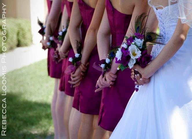 Bridal party accessories Wedding Flowers Peacock Brides Maids  Bouquets 4 Piece Package with Boutonnieres in Plum Purple feather Bouquets