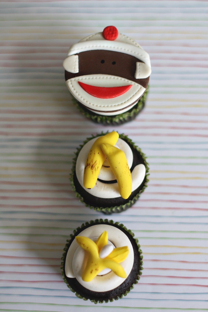 Sock Monkey and Banana Fondant Cupcake, Cookie or Mini-Cake Toppers for Your Little Monkey's Birthday Parties