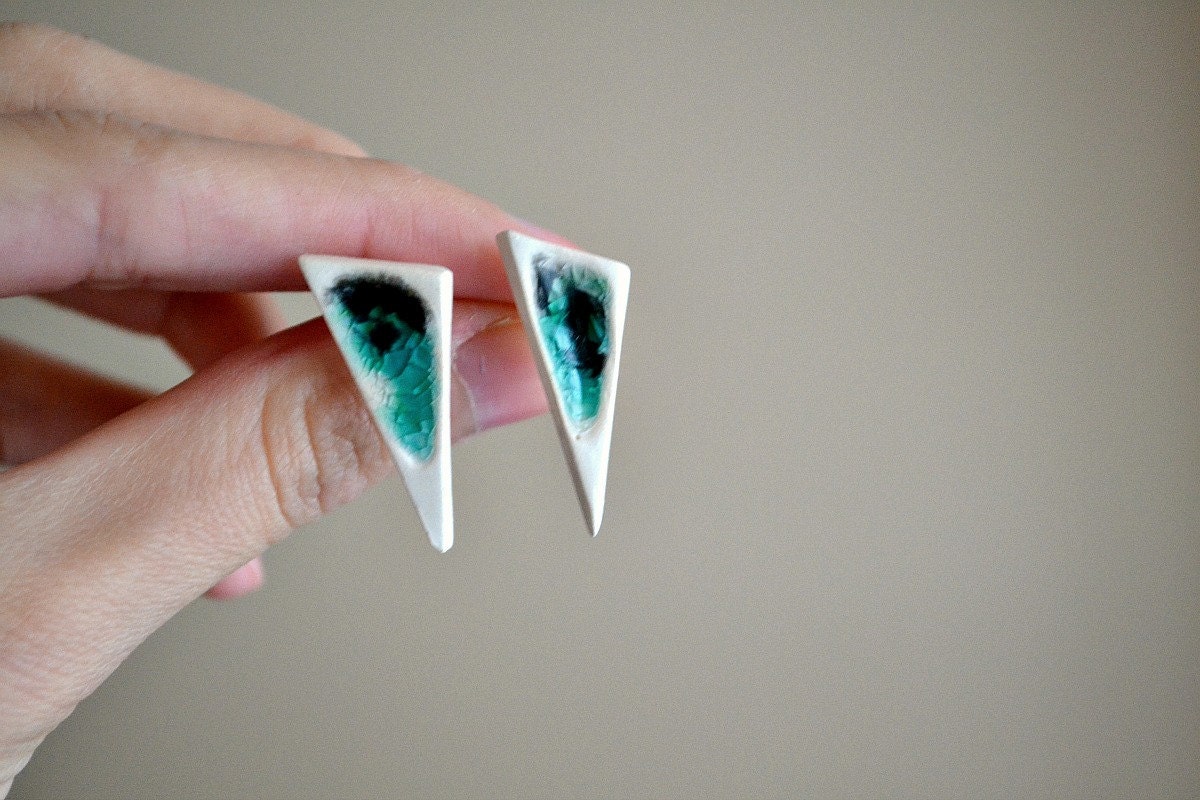 Geometric triangle Earth earrings - ceramic fused glass - green turquoise ivory - stud posts earrings Etsy UK handmade
