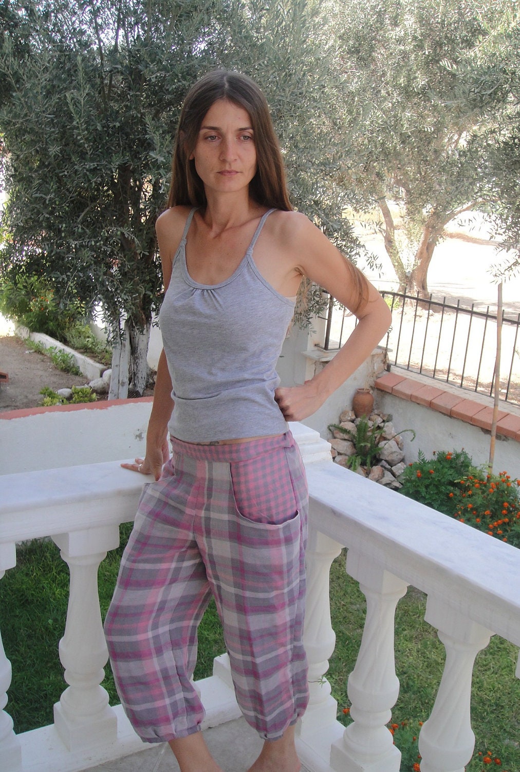Wide Leg Capri Plaid Cotton Pants