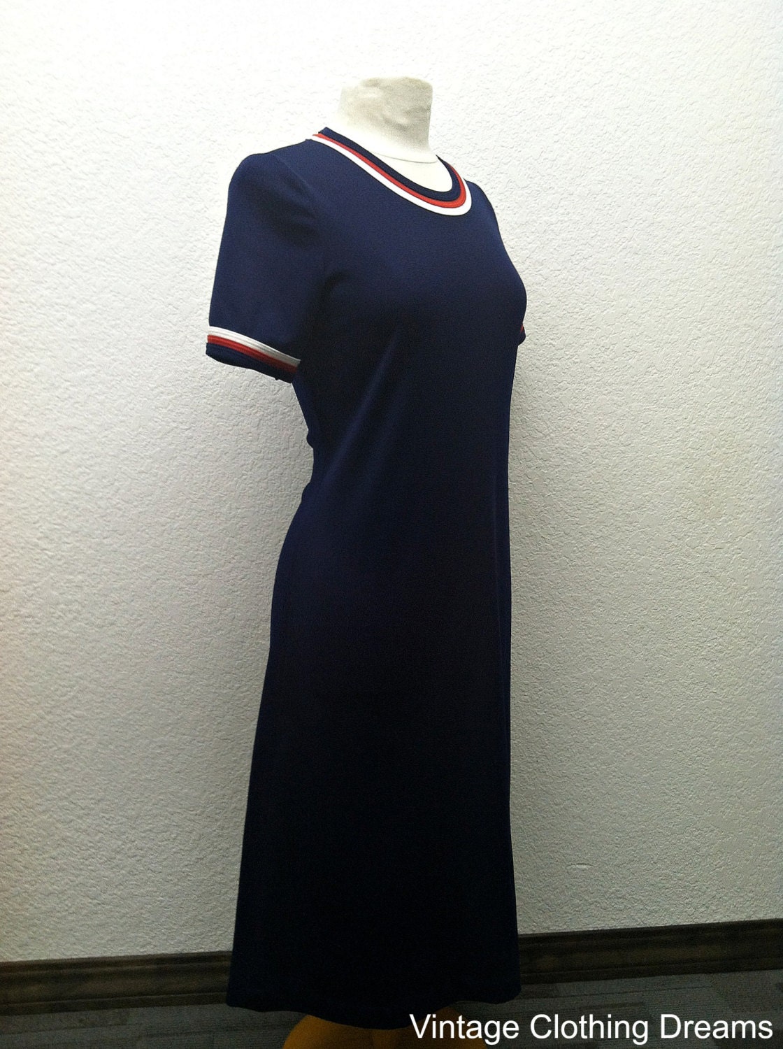 Vintage 70s Dress 1970s Red White Blue Sheath Stewardess Dress  S M L BR111