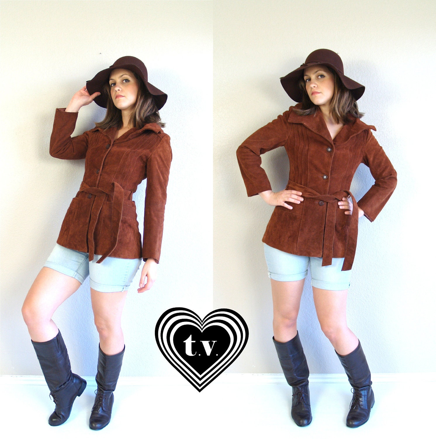 vtg 70s Belted RUST SUEDE skinny fitted JACKET hippie xs/s coat boho outerwear