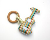 Organic Wood TEETHING ring with Organic Cotton Clutch Toy Guitar- Eco Friendly All Natural baby toy- Baby Toy Organic