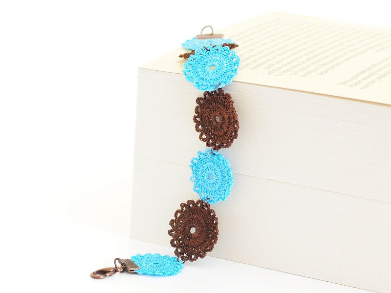 Crochet Bohemian Chic Bracelet in Aqua, Brown Hippie Boho Gypsy Style Jewelry Circle Flower Lace