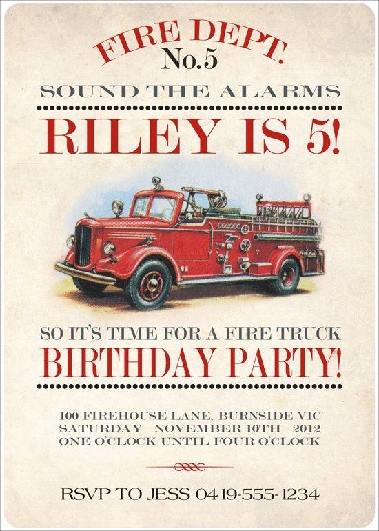 Vintage Firetruck Invitation - Boys Birthday Party - DIY PRINTABLE FILE by Sassaby Il_570xn