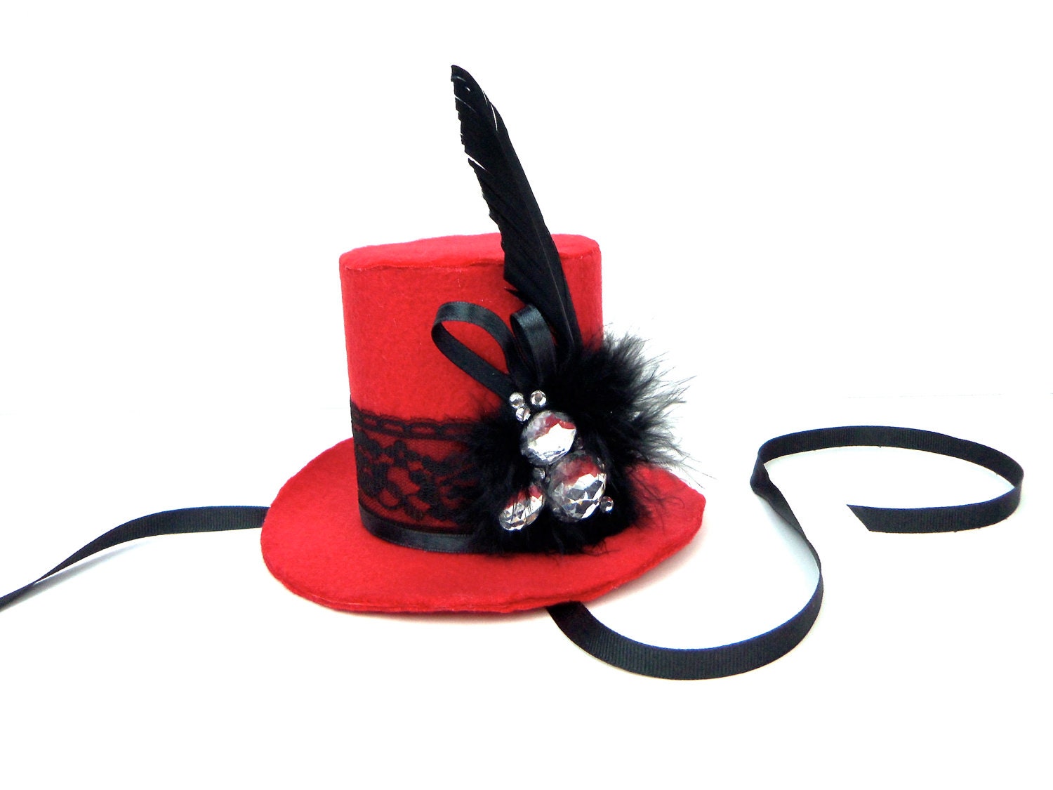 RESERVED mini top hat, red and black, lace, feathers, ribbon, gems, fleece, burlesque, party, halloween