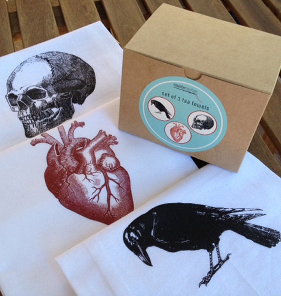 Set of Three Flour Sack Tea Towels - Crow, Heart, Skull Towels
