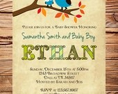 Owl Baby Shower Invitation, Baby Shower Invite, Boy, Whimsical, Blue, Baby shower boy Owl (Item 5097)