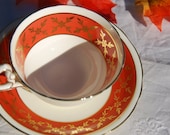 Pretty Vintage Aynsley Tea cup Saucer, Rust Red and Gilt, England c.1934