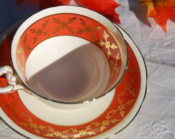 Pretty Vintage Aynsley Tea cup Saucer, Rust Red and Gilt, England c.1934