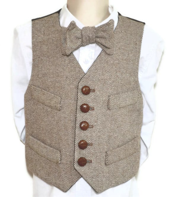 Boys Vest,  wool brown tweed, 100% cotton lined , formal wear, all sizes, toddler - youth, leather buttons, handmade, custom, USA