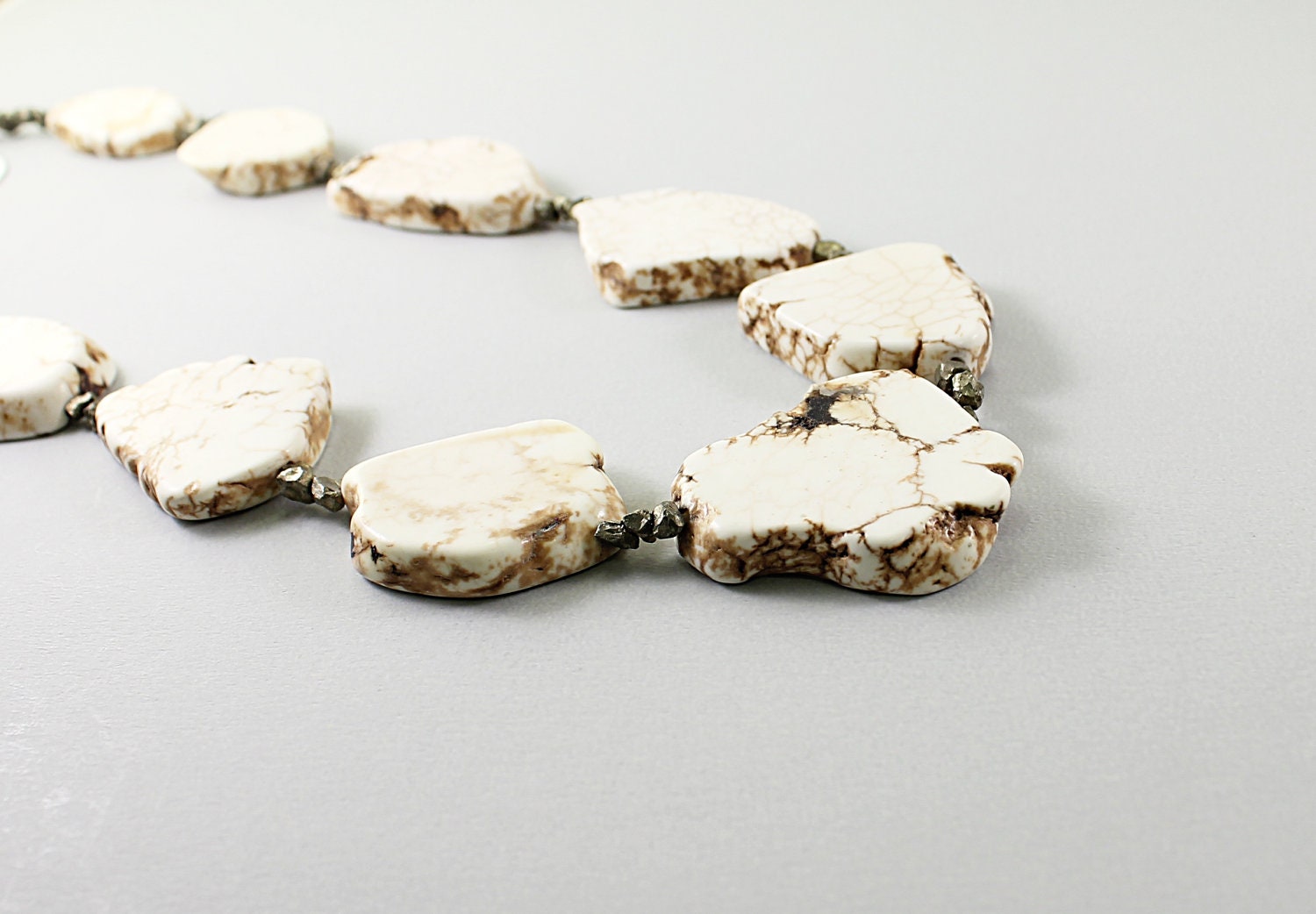 White turquoise necklace - big free-form gemstones, raw pyrite, handmade necklace, winter fashion gray grey