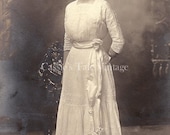Vintage Antique Photo - Beautiful Girl in White Eyelet Lace Dress, Edwardian Era - Embossed Black Folio Frame - Kansas, c. early 1900s