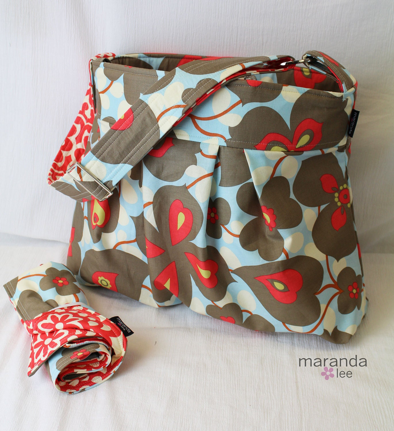 Large Diaper bag and Changing Pad Set- Emma Large in Morning Glory - or Custom with 2 tone Adjustable Strap Elastic Pockets
