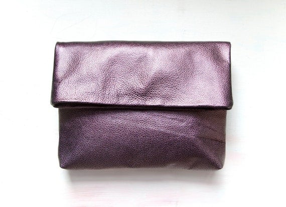 SALE. M E T A L L I C PLUM Envelope Clutch. Leather Fold Over Clutch.