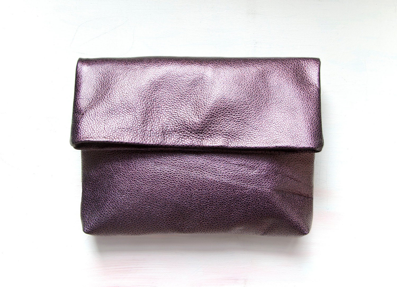 SALE. M E T A L L I C PLUM Envelope Clutch. Leather Fold Over Clutch.