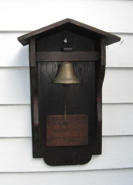 Antique Mission Bell with Solid Oak Cabinet Housing and Shakespeare Quote Wall Mount