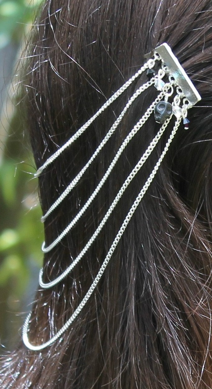 Metal Hair Clip Combs Link Chain Handmade Hair Jewelry Black Skull Beads