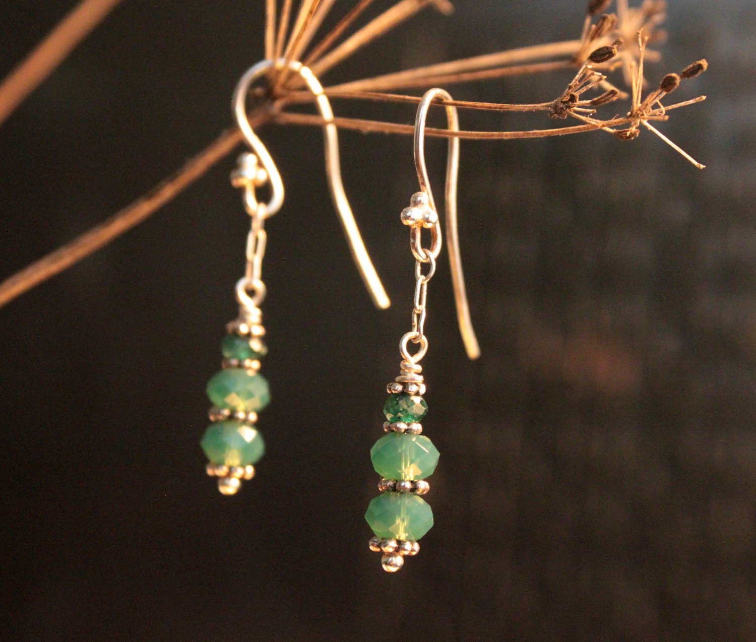 Semi-Precious Tsavorite Garnet and Emerald Green Swarovski Crystal Dangle Earrings on Sterling Hooks