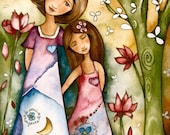 Mother and daughter  the forest  whimsical folk art print