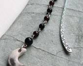 Ceramic Smoke Fired Crescent Moon - Black Onyx and Garnet Gemstone Beads - Silver Tone Bookmark