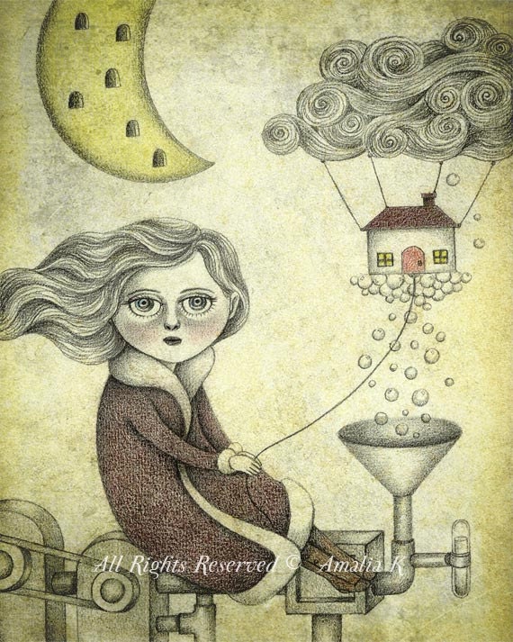 Fine Art Print of Surreal Illustration, Girl illustration- Take Flight by Amalia K