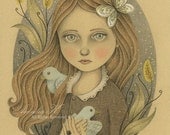 Print of Original Pencil Drawing, Girl Illustration, Woodland Fantasy - Close to My Heart by Amalia K