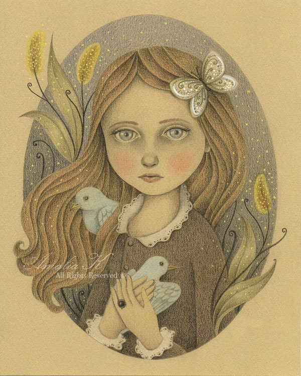 Print of Original Pencil Drawing, Girl Illustration, Woodland Fantasy - Close to My Heart by Amalia K