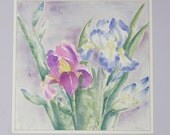 Vintage Original Watercolor Painting of Irises by Lucy Clem (Mauney) circa 1985 in pinks, lavenders, pastels circa 1980s.  SALE