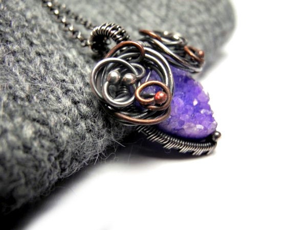 Wire wrapped silver copper necklace, raw Quartz druzy, amethyst lilac pastel purple, feminine, luxury, romantic braidsmaid - NurrgulaJewellery