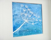 Original Umbrella Flower Wall Art in Blue, Dill Still Life Painting, Silhouette Flower Art