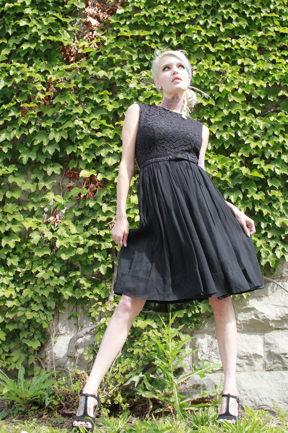 Vtg 50s LBD Cocktail Dress / Cut Out Eyelet Bodice / Glamorous Formal