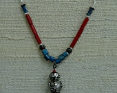 Cute Robot Red and Blue Gemstone and Glass Mixed Metal Necklace, One of a Kind