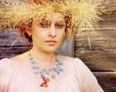 Statement linen necklace with forgetmenot and butterfly. Floral wearable art jewelry. Fairy wedding bijoux for spring bride.