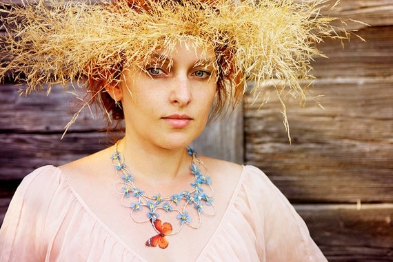 Statement linen necklace with forgetmenot and butterfly. Floral wearable art jewelry. Fairy wedding bijoux for spring bride.