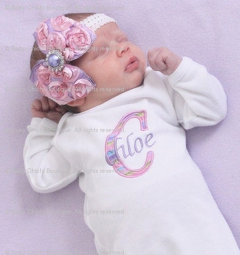 Baby Girl Onesie or Gown and Rosette Hair Bow with Rhinestone - Pink and Lavender Initial Applique - Newborn thru 12 months