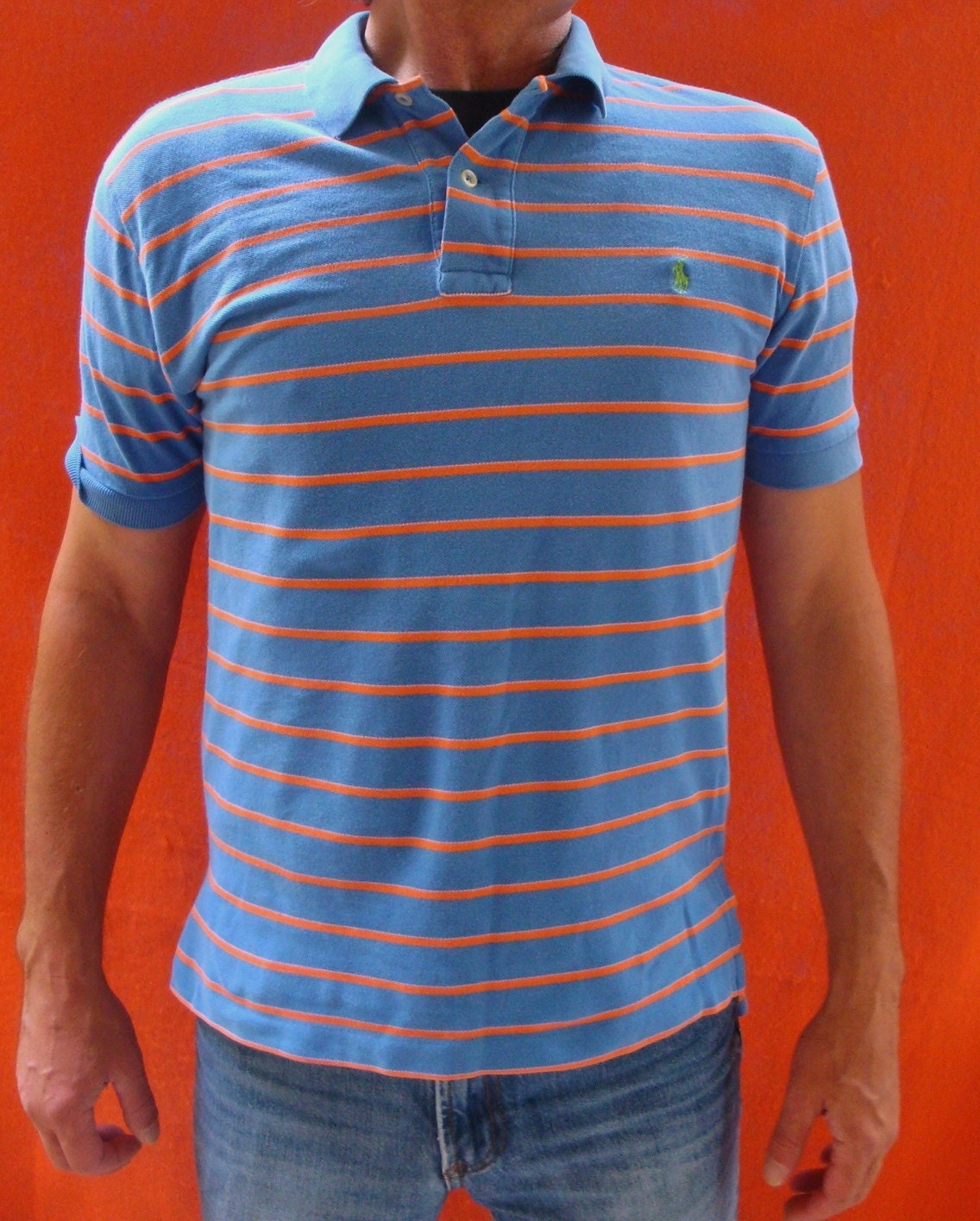 RALPH LAUREN polo shirt Blue Orange Striped Preppy Short Sleeve Cobalt Blue Neon Orange - Vintage - Size S