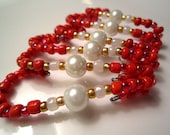 6 Beaded Ornament Hangers - Rich Reds with Pearl and Gold Accents