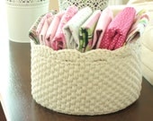 Crochet Storage Basket with Lace Edge - Off White - Round 7.5" / 19cm