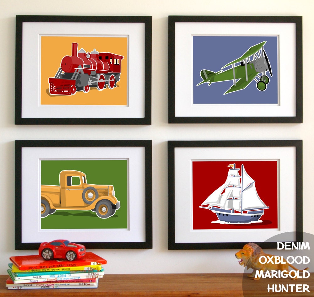 transportation wall art childrens wall art, airplane truck train boat nursery art - art for boys wall art, boys nursery art
