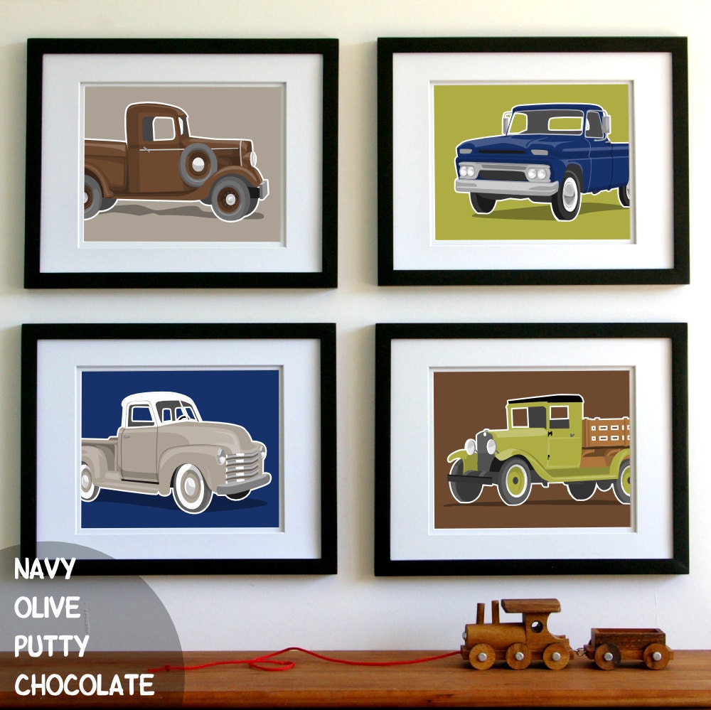Vintage Truck wall art - transportation wall art prints - set of 4 childrens art prints - pick your colors, nursery art prints for boys