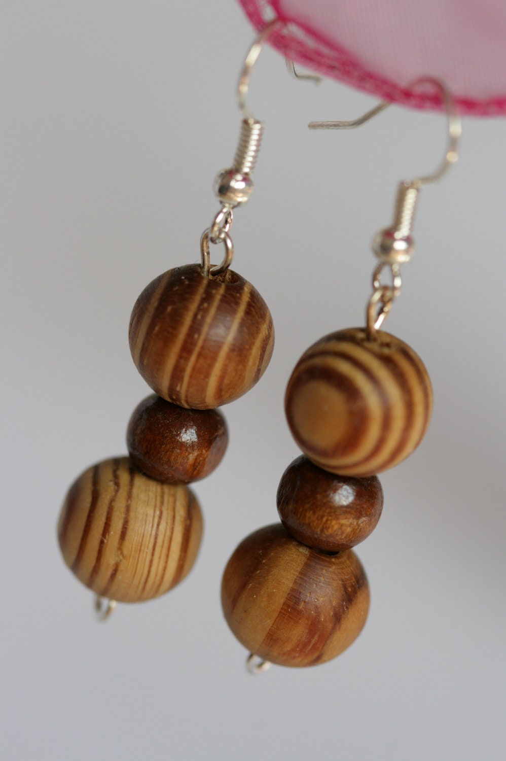 Earrings - Wooden, brown wood bead dangly, dangle earrings - two tone swirl effect, brown, tan, beige