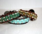 Turquoise blue faceted czech glass beaded wrap - alternating weave pattern bracelet - leather wrap