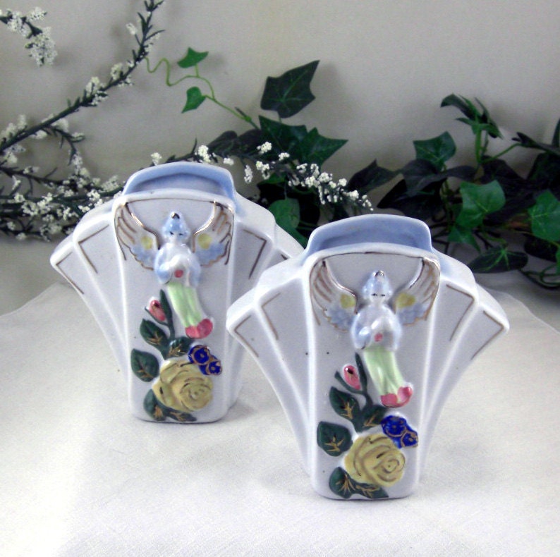 2 Porcelain Angel Wall Pockets / Vases / Pair